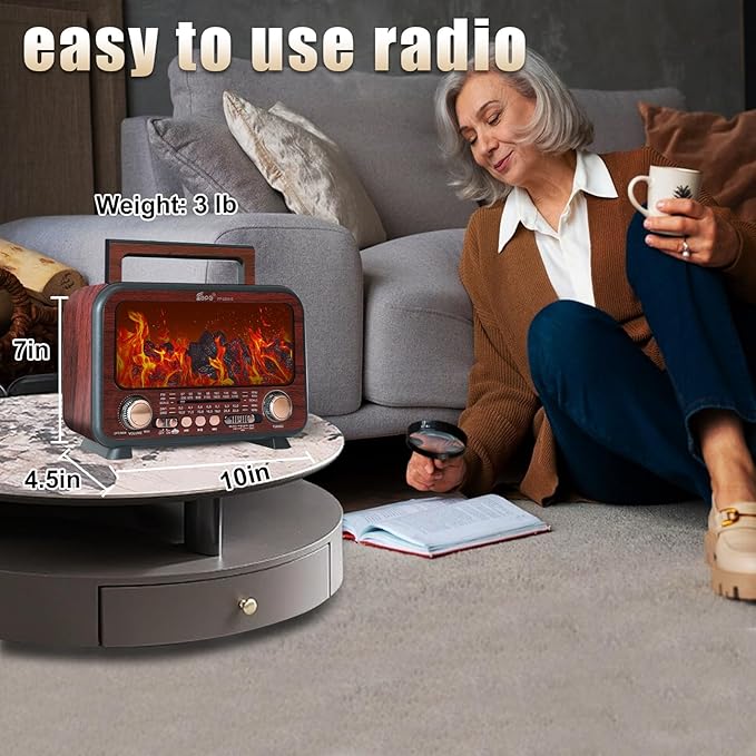Retro Portable Radio AM FM SW Shortwave Radio with Bluetooth Speaker,Flame Atmosphere Lamp Battery Operated,SUB Charging, TF Card (Maroon)