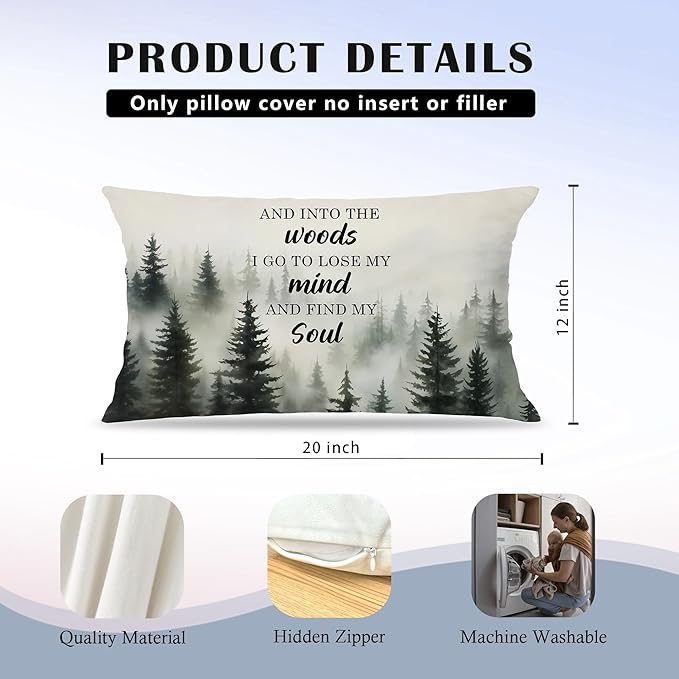 Inspirational Forest Mountain Nature Pillow Covers 12x20, and Into The Woods I Go to Lose My Mind Decorative Lumbar Pillow Covers for Home Cabin Lake House, Gifts for Nature Lovers