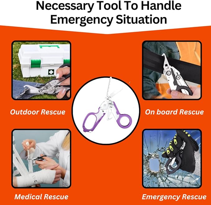 Heavy Duty Stainless Steel Emergency Response Multi-Functional Trauma Shears - Foldable, Survival Shears With Holster - Purple