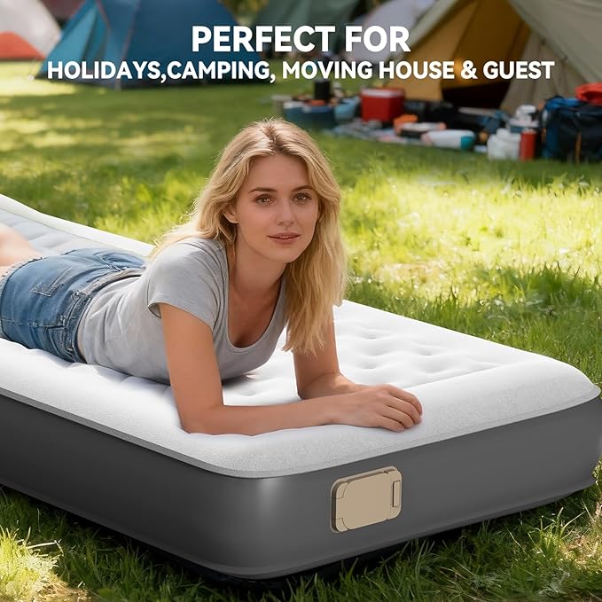 HiiPeak Queen Air Mattress Bed with Removable Multi-function Air Pump, Self Inflatable TPU ECO Blow Up Bed, All Night Stability No Lost Air, No Peculiar Smell for Camping, Home, Guests Portable Travel