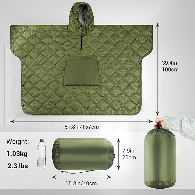 FUNANASUN Hooded Camping Blanket Poncho, Stadium Woobie Blanket, Machine Washable/650FP Insulation, Ultralight & Packable, Fit Most Adult Sizes, Can Be Used as Shawl/Wearable Sleeping Bag/Cloak