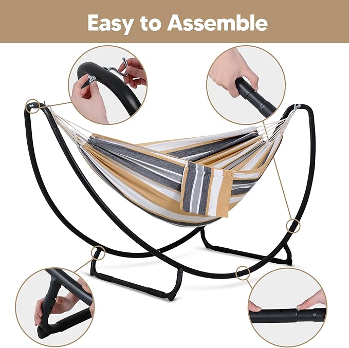 SUNCREAT Portable Large Hammock with Stand, Two Person Hammock with Stand Included, Patent Pending, Coffee White