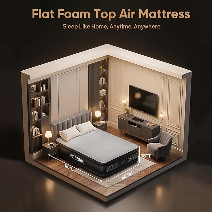 VOSSER Air Mattress with Built-in Pump,Queen 18'' Foam Topper Blow Up Mattress,Luxury Inflatable Mattress 2 Mins Self-Inflation/Deflation - Breathable and Flatness-Free for Camping, Home & Guests