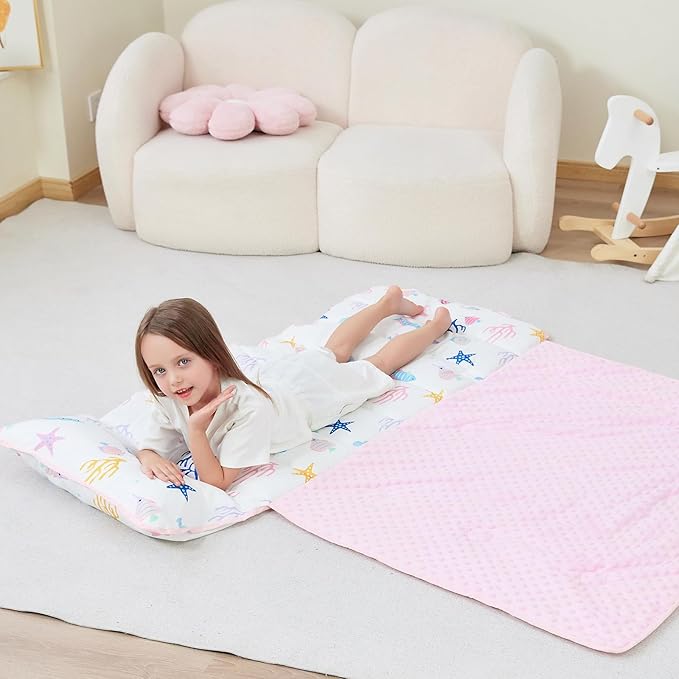 Lasoftan Toddler Nap Mat with Pillow and Blanket, Extra Large Rolled Napping Mats,Slumber Bags for Boys Girls,Kids Sleeping Bag for Daycare, Preschool Travel Camping