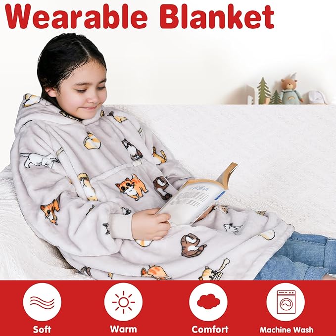 Waitu Wearable Blanket for Kids, Wearable Blanket Hoodie Gifts for Teens Girls and Boys, Warm Blanket Sweatshirt for Teenage, Thick Flannel Hoodie Blanket with Sleeves - Cat Gray
