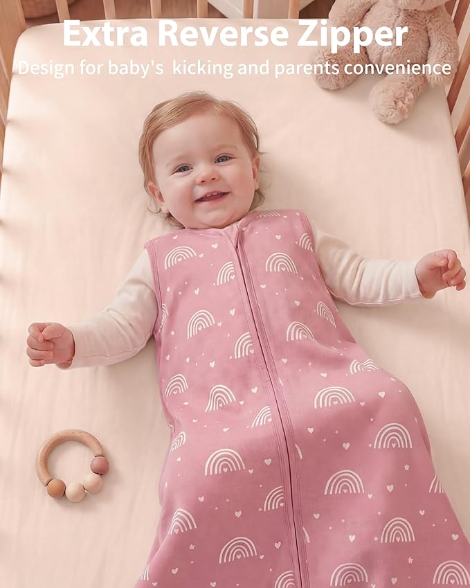 Baby Sleep Sack 18-24 months, 100% Cotton Sleeping Sack for Toddler, 3 Pack Baby Wearable Blanket, 0.5 Tog Lightweight Double Zipper Sleep Bag XLarge Pink Rainbow