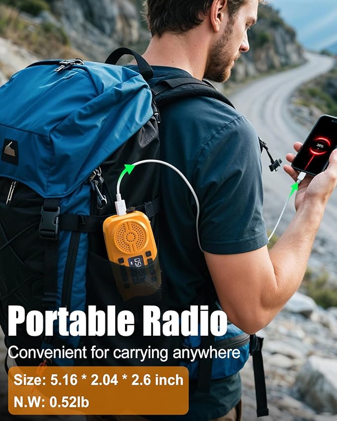 Runningsnail Emergency Weather Radio, 7400mWh Hand Crank Emergency Radio with LCD Display, Support Weather Alert Radio, USB/Solar/Hand Crank,1W Flashlight&SOS Alarm for Outdoor&Home Emergency (Orange)