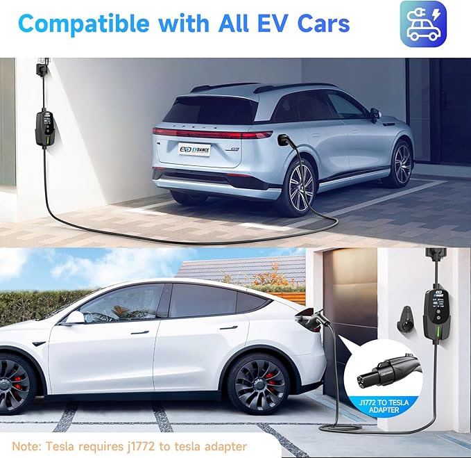 EVDANCE Level 2 EV Charger 40Amp, 240V 9.6KW Portable Electric Vehicle Charging Stations with NEMA 14-50P, 25FT Cable Adjustable Current/Timing Delay Home Electric Car Charger for J1772 BEVs/PHEVs