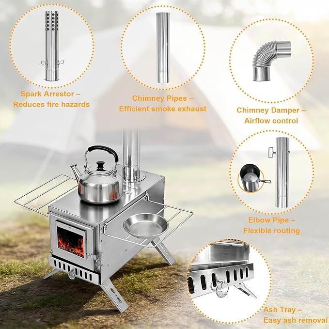 unho Stainless Hot Tent Stove 15in Wood Burning Stove with 6 Chimney Pipes for Outdoor tent heater for camping Prevent rusting