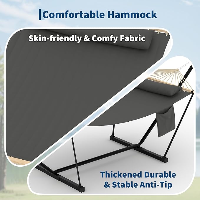 Garvee Double Hammock with Stand for Outdoor, Heavy Duty Portable 2 Person Hammock with Adjustable Steel Stand for Patio, Garden, Beach, Backyard