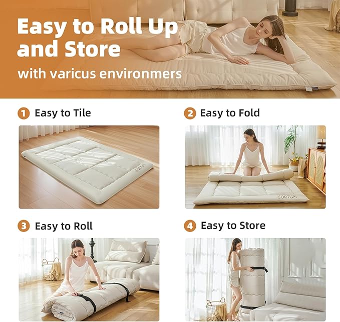 Full Japanese Floor Futon Foldable Futon Mattress for Floor Tatami Mattress Portable Rollaway Bed for Guest Playmat for Kids Tatami Sleeping Pad Japanese Mattress for Adults Beige A