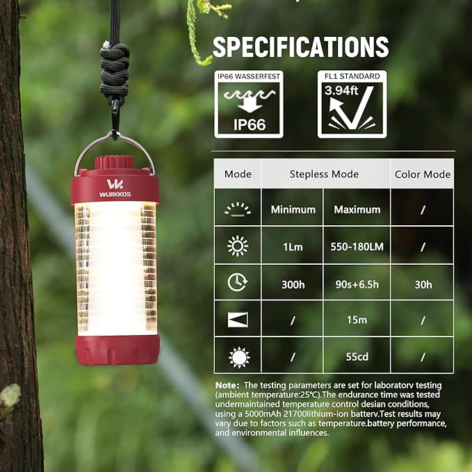 Wurkkos CL01 Camping Lantern Rechargeable, 550LM Camping Light with Magnet Base, RGB Light, Stepless Dimming, Up to 300H Runtime, Led Lantern for Power Outages, Hurricane, Camping, Red, Best Gift