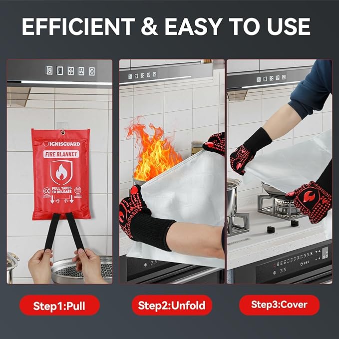2-Pack Fire Blanket for Home and Kitchen, Includes 1 Fire Resistant Glove and 2 Hooks, Fire Blankets Emergency for Home Safety, Emergency Fire Blankets Suppressant Kit