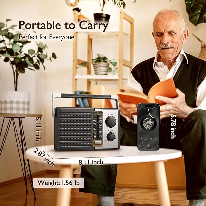 Yewrich AM FM Radio with Best Reception, Portable Battery Operated Transistor Radios, Headphone Jack, AC Powered, Suit for Senior and Home, Black