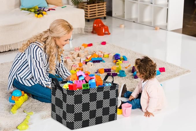 Essme Rectangular Boys Basket,Kids Storage Basket with Handles for Room Decor,Car Storage Bin(Black grid)