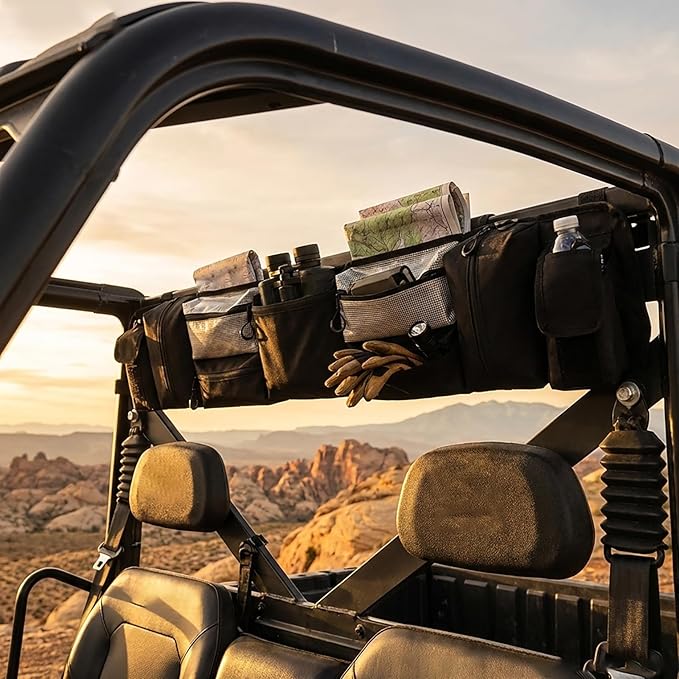 UTV Overhead Storage Bag for Kubota RTV400 2010–2016, Roll Bar Organizer with Multiple Zipper Pockets, Roof Cargo Bag for Side by Side Accessories