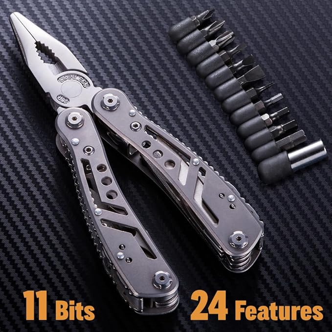 24-in-1 Multitool with Knife, Pliers & 11 Bits Sharp Stainless Steel - Multi Tool for Men - Ideal Gear with Tools for Camping Hiking, Survival, EDC - Best Gifts for Husband Boyfriend 2238