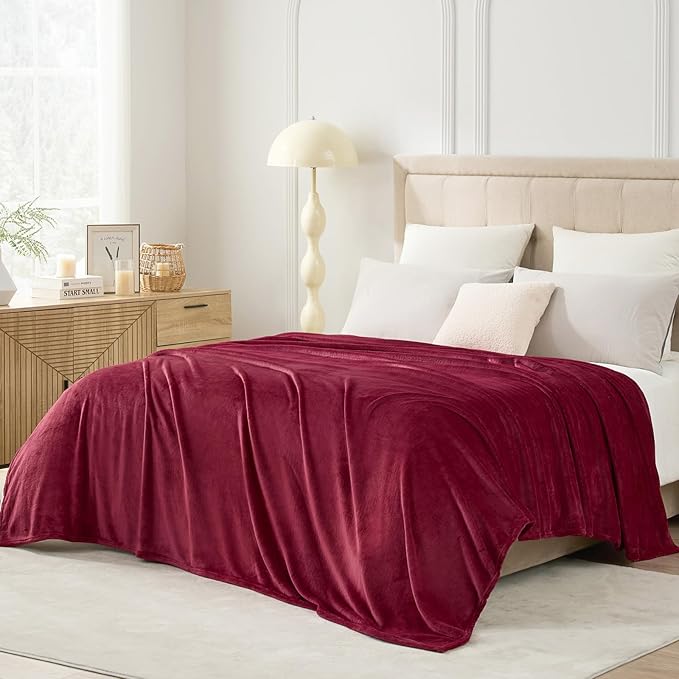Hansleep Fleece Burgundy Red King Blanket, Flannel Fuzzy Plush Cozy Blanket for All Seasons, Burgundy Red, King 90x108 Inches