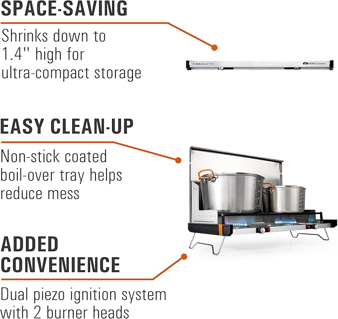GSI Outdoors Pinnacle Pro 2-Burner Camping & Tailgating Stove, Ultra-Slim Portable Propane, 25,000 BTU, Windscreens, Folding Legs, Outdoor Cooking