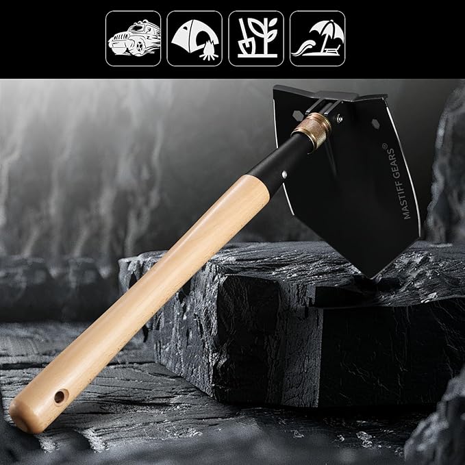 MASTIFF GEARS WWII M38 Military Style Folding Shovel - 1050 Steel, Nordic Beechwood Handle, Axe/Hammer, MOLLE Sheath for Camping Emergency (Berserker's Fist)
