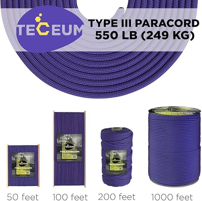 TECEUM Reflective Paracord Rope 1000 – 1000ft/200ft/100ft/50ft – 40+ Colors – Glow in The Dark – para Cord – Utility Rope for Survival, Hunting & Camping Gear – Nylon String, Camping Rope, Tent Cord