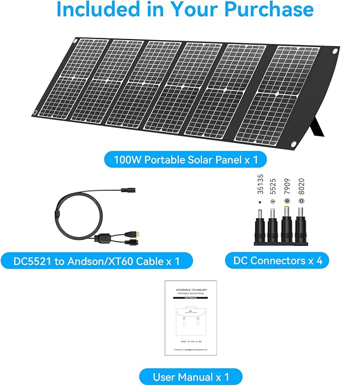 100W Portable Solar Panel Extremely Lightweight Compact Foldable with USB QC3.0, Type-C PD3.0, Anderson and XT60 DC 20V for Camping Power Station, Solar Generators, Cell Phones
