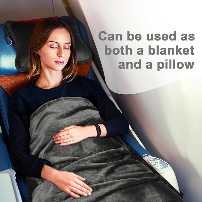 Travel Blanket and Pillow Compact, Premium Soft 2 in 1 Airplane Blanket with Soft Bag Pillowcase,Hand Luggage Sleeve and Backpack Clip (Solid Grey)