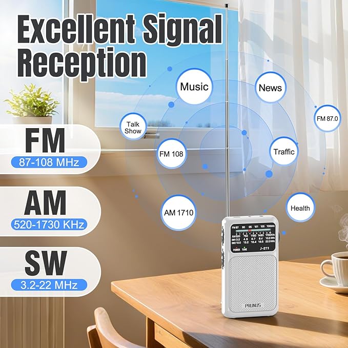 PRUNUS J-211 Portable Radio AM FM with USB Charging and AA Battery Operated, Transistor Radio, Strong Reception& Clear Speaker, Headphone Jack, Back Clip, Lanyard, Small radios Portable AM FM