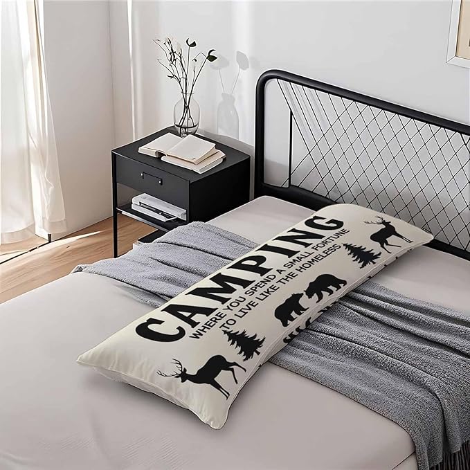 Funny Camping Body Pillow Cover Bear Deer Pine Trees Decorative Body Pillow Covers Long Pillow Cushion Case Zipper Body Pillowcase Soft Cushion Cover for Bedding,Couch,Home 20"X54"
