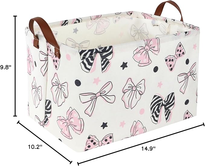Essme Rectangular Pink Girls Basket ,Kids Storage Box, Mother's Day Basket,Girl Storage Baskets Organizer with Handles for Girls Room Decor,Gift Bins.(Bowknot )