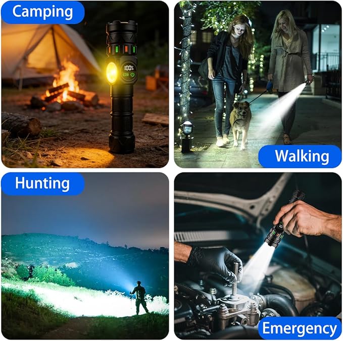Rechargeable Flashlights High Lumens 5000 Long Distance, Super Bright LED Flash Lights with COB Sidelight USB C LCD Display, Daul Light Source & Buttons with Red Light, for Camping Hiking Emergency