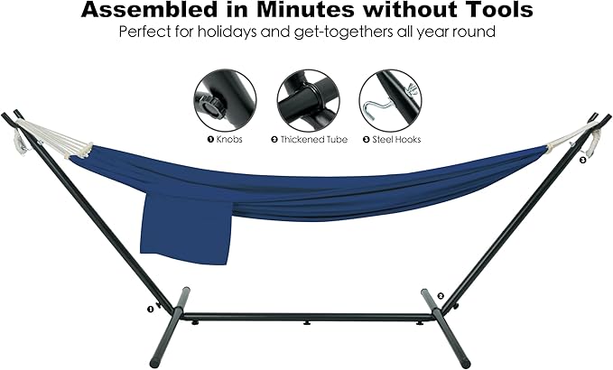 Gafete Double Hammock with Stand for Outside, Upgraded Spreader Bar, Heavy Duty Space Saving Steel Stand 2 Person, Side Pockets, Easy Assembly, 600lbs Weight Capacity, Indoor & Outdoor (Navy Blue)