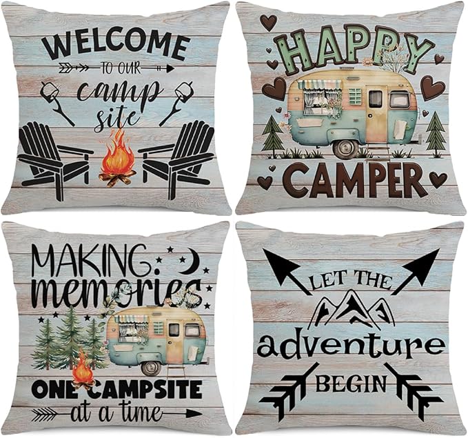 Decorative Pillow Covers Set of 4 20" x 20" Vintage Rustic Country Blue, Black, Brown Square Letter Print Quote Throw Pillow Case Camper Rv Home Outdoor Decorative Cushion Cover