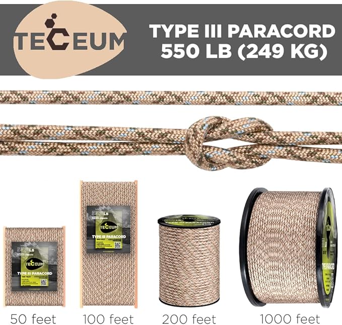 TECEUM Reflective Paracord Rope 1000 – 1000ft/200ft/100ft/50ft – 40+ Colors – Glow in The Dark – para Cord – Utility Rope for Survival, Hunting & Camping Gear – Nylon String, Camping Rope, Tent Cord