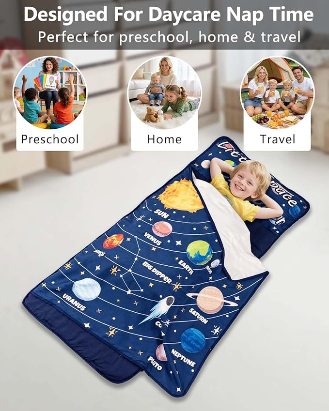 Primlect Lightweight Toddler Nap Mat, Portable Rolled Design Perfect for Daycare Travel, 51”x31 All-in-One Sleeping Bag with Removable Pillow and Fleece Blanket for Boys Girls, Machine Washable