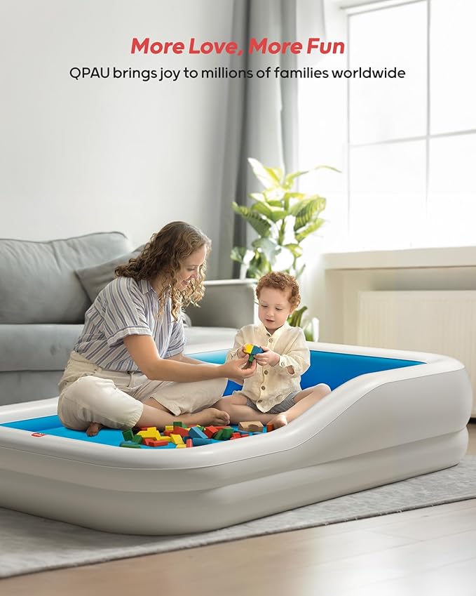 QPAU Inflatable Toddler Travel Bed with 3-Sided Safety Bumpers, Extra Large Kids Air Mattress, Includes Detachable Mattress, Portable for Camping, Travel, Home Use (Blue)
