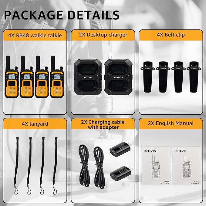 Retevis RB48 Heavy Duty Walkie Talkies, Waterproof Two Way Radio, Advanced Triple Proof & Floating, 2000 mAh, Emergency, 2 Way Radio Long Range for Job Site (4 Pack) Yellow