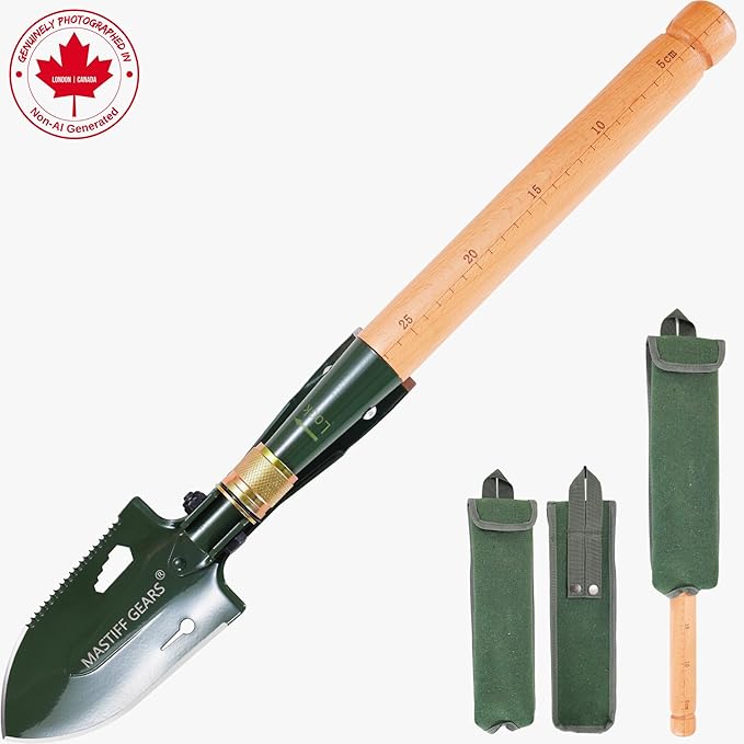 MASTIFF GEARS Military-Grade 2-in-1 Camping Shovel & Hoe - 1050 Steel, Foldable Wooden Handle, Metal Detecting Optimized, Canadian Designed & Tested, MOLLE Canvas Sheath | Limited