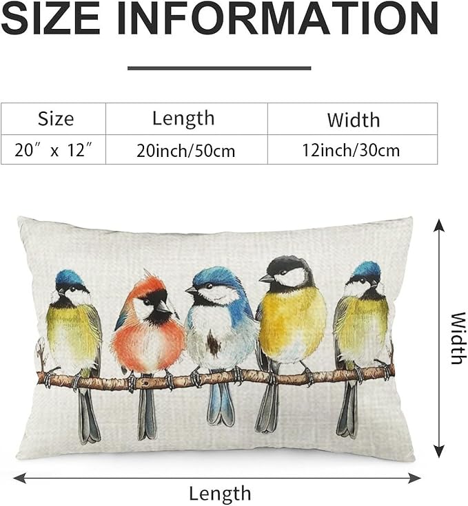 ITFRO Set of 2 Birthday Gift Watercolor Birds Standing On A Branch Cotton Linen Lumbar Nature Wild Animals Throw Pillow Cover Cushion Case Sofa Home Decor 12x20 Inches (Blue and Yellow)