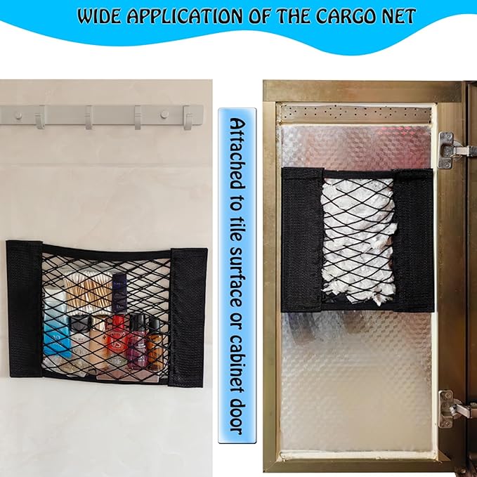 Mesh Cargo Net Car Wall Sticker Organizer Elastic Net With Tape Stickers for Trunk Storage Mesh Holder for Kitchen Cabinet, Home (Extra Tape Stickers)