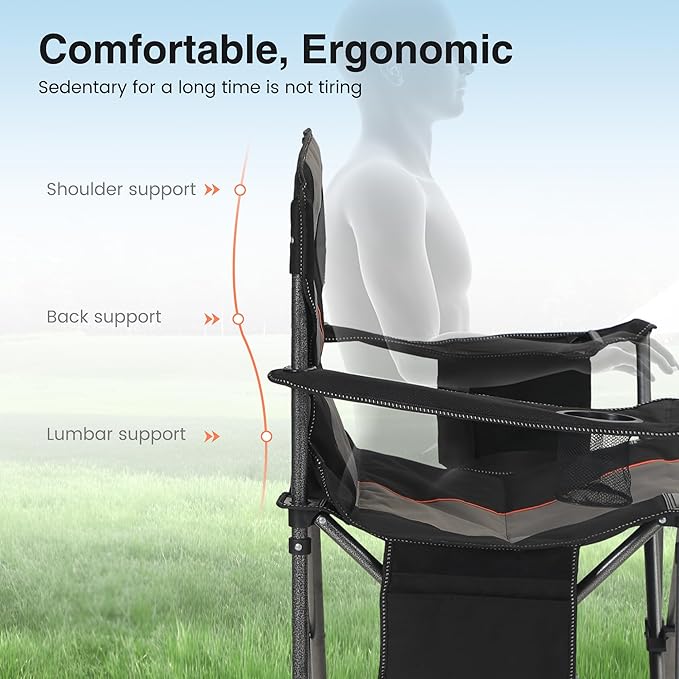 HIGH POINT SPORTS Oversized Camping Folding Chair, Heavy Duty Portable Lawn Chairs, Folding Chairs for Outside with Cup Holder and Cooler Bag for Camp, Travel, Support 450 LBS, 2 Pack, Black