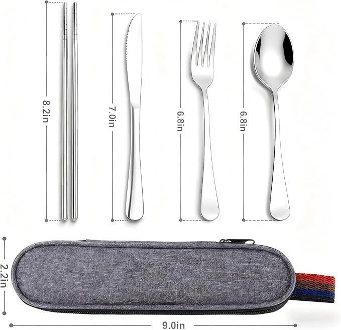 Reusable Travel Utensils Set with Case, Premium Stainless Steel Flatware, Portable Silverware for Lunch, Camping, Picnic, Travel Fork and Spoon Set, To Go Utensils, Dishwasher Safe (Silver)