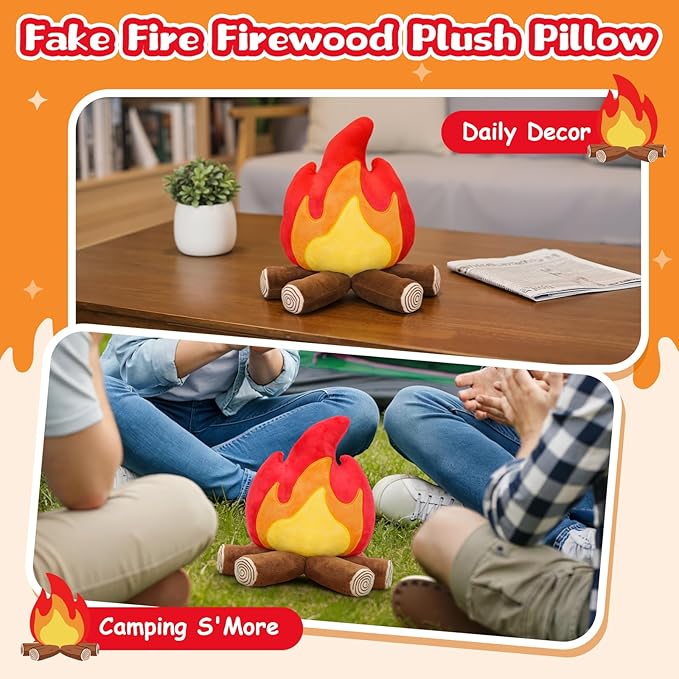FunisFun Campfire Plush Toys, Fake Fire Firewood Plush Pillow - Realistic Flameless Campfire Decor for Adults, Cozy Home Office Room Decoration, Camping Enthusiast Gift Idea