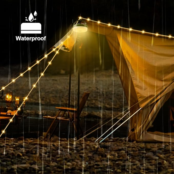 Solar Camping String Lights, Retractable Waterproof 33FT LED Camp Light with 13 Light Modes, Rechargeable 3000mAh Battery Powered Fairy Lights with Remote for Outdoor, Tent, RV, Patio, Awning, Party