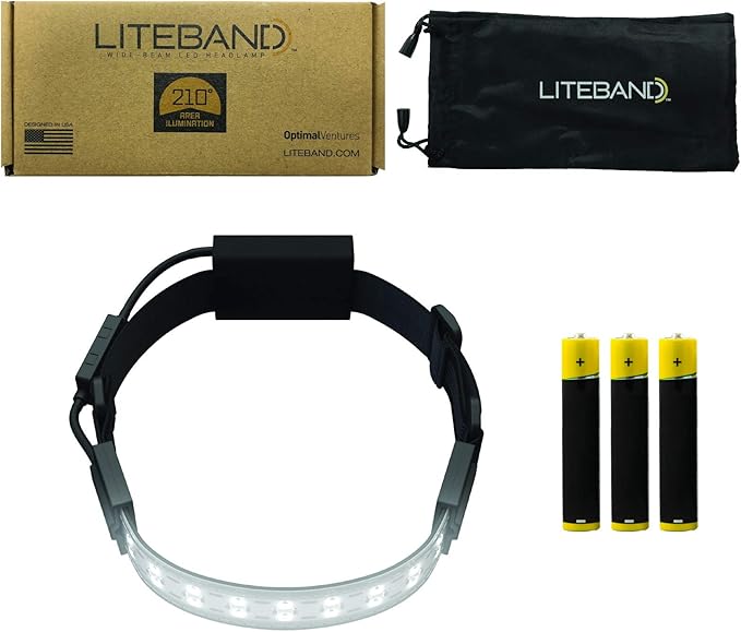 OPTIMAL VENTURES LITEBAND Flex LED Headlamp, 300 Lumens, 210° Wide Beam, Lightweight Low-Profile Fit, IPX2 Weather Resistant, Black