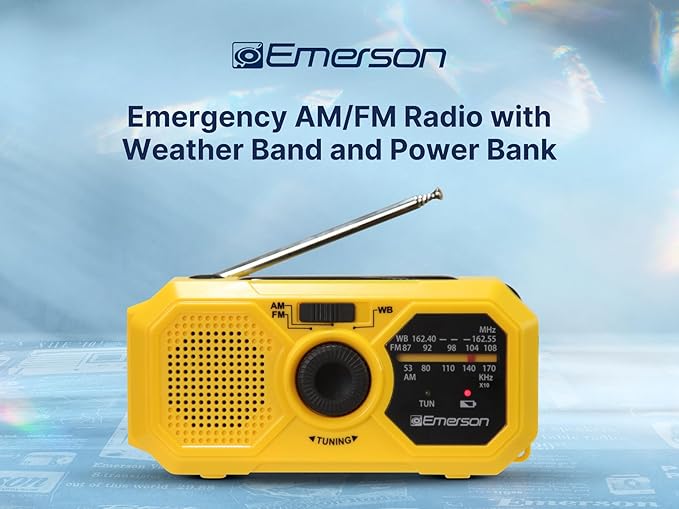 Emerson ER-7050 Emergency AM/FM Radio with NOAA Weather Band, Built-in Power Bank, Hand Crank, Solar Charging, LED Flashlight, and SOS Alarm – Essential Survival Gear for Camping and Emergency Prep