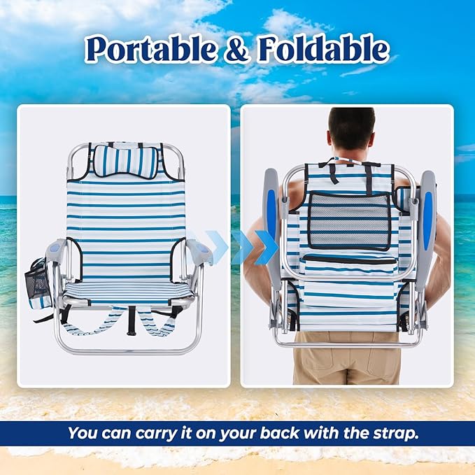 Portable Beach Chair for Adults, Outdoor Camping Chair Lay Flat Folding Backpack Beach Reclining Chair with 5 Positions, Headrest, Cup Holder, Heavy White Striped