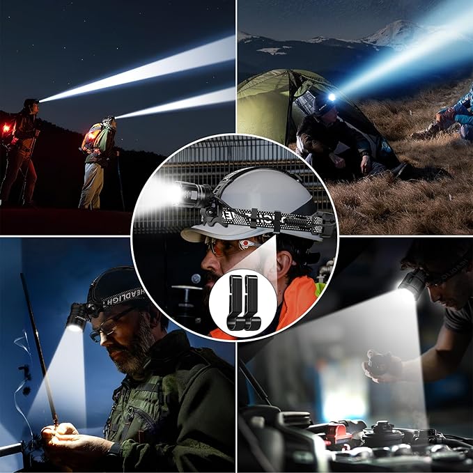 Headlamp Rechargeable Super Bright, 2 Pack High Lumen LED Head Lamp with Motion Sensor, 5 Modes Zoomable Head Light for Forehead, 90° Adjustable, Waterproof Headlamps for Adults Hard Hat Light Camping