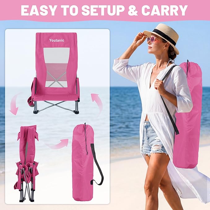 Youtanic High Back Beach Camping Chair 2 Pack, Extra Wide Folding Outdoor Chair with Cooler Bag, Breathable Mesh & Dual-Use Pillow, Portable Lounge Seat for Adults, Sand, Sports, Picnic, Pink