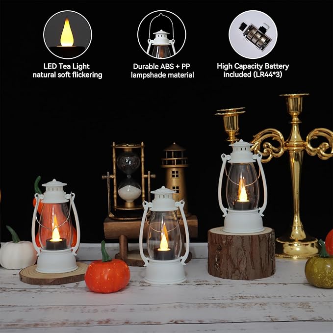 White Mini Lanterns Decorative 6-Pcs for Wedding & Ramadan, Eid, Small Elegant Lantern with LED Light for Western Cowboy Parties, Camping Baby Shower Birthday Party, Centerpiece Table